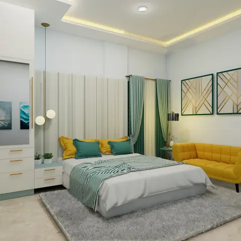 Bedroom with a mint-green wardrobe with brass handles, cream channel-tufted headboard, mustard loveseat