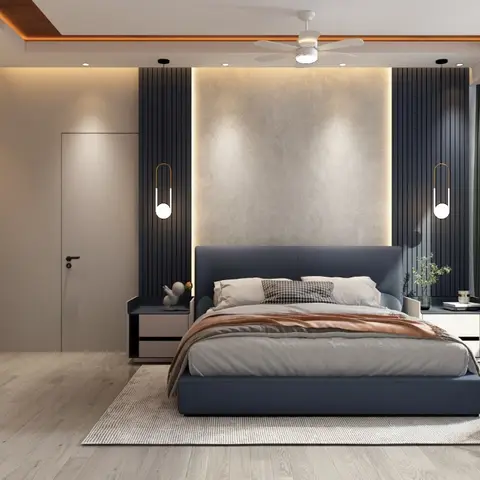 Bedroom with a navy upholstered bed against a backlit textured stone panel flanked by dark fluted wood strips, floor-to-ceiling city-view windows