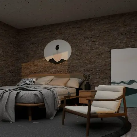 Bedroom with a rough stone-textured accent wall, a curated gallery wall of framed prints, and a mid-century wood-frame armchair beside a large landscape canvas