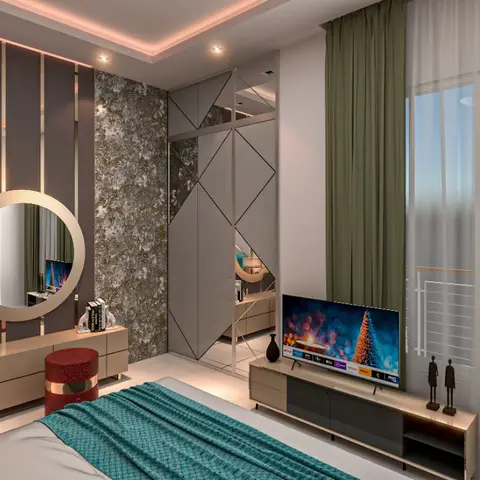 Bedroom with a round mirror over a dressing console, a mirrored diamond-pattern wardrobe, and a wall-mounted TV console beside olive-green curtains.