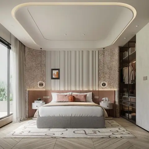 Bedroom with a rounded cove-lit ceiling, a fluted terracotta headboard wall flanked by pendant lights, and a glass-fronted walk-in wardrobe.