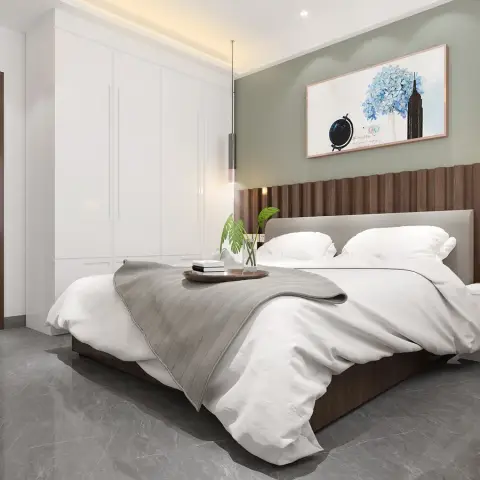 Bedroom with a sage-green accent wall, a wood-slat panel headboard wall, pendant lights flanking a grey upholstered bed, and a full-height white wardrobe.