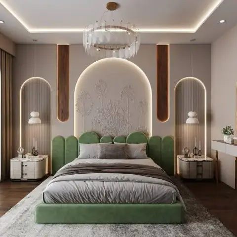 Bedroom with a sage-green velvet bed whose scalloped headboard sits under a backlit arched recess carved with a dandelion relief