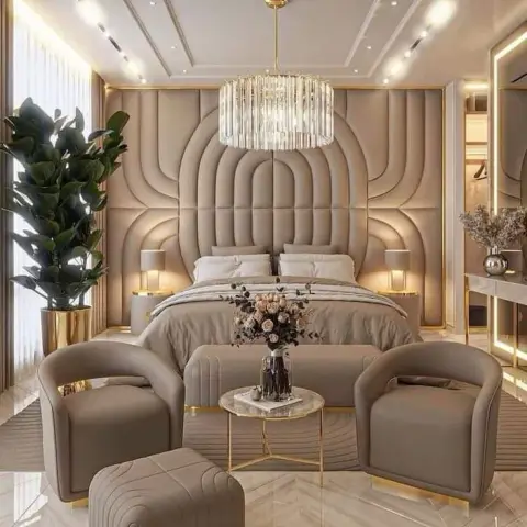 Bedroom with a sculptural channel-tufted arched headboard wall, a crystal drum chandelier