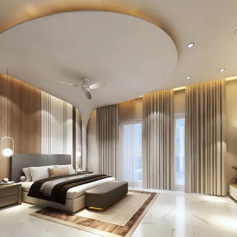 Bedroom with a sculptural curved pop ceiling in cove lighting over a wood-panelled arched headboard wall and a marble-clad TV unit.