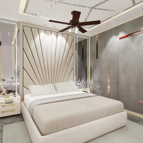 Bedroom with a sunburst channel-tufted fabric headboard wall, a geometric mirrored ceiling panel, and a grey wardrobe wall accented with copper inlay strips.