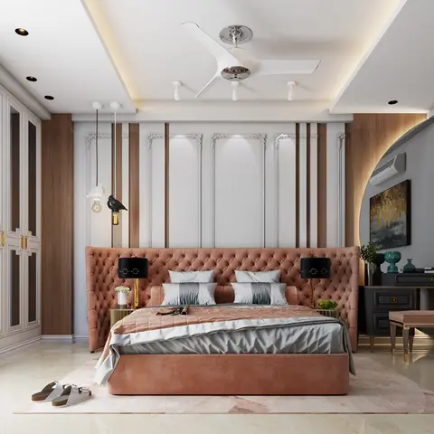 Bedroom with a tall channel-tufted rust velvet headboard against a wall of vertical wood strips and classical white moulding panels