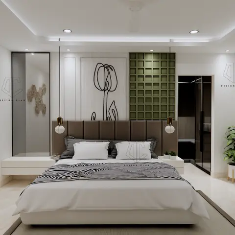 Bedroom with a taupe channel-tufted headboard beneath an olive 3D tile panel, flanked by mini globe pendant lights and a glass-fronted walk-in closet