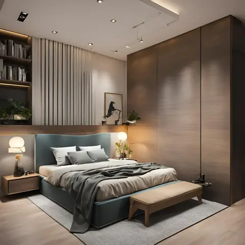 Bedroom with a teal upholstered bed, full-height wood wall panelling, floating nightstands with sculptural lamps, and a bench at the foot of the bed
