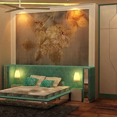Bedroom with a teal upholstered platform bed set against a large framed botanical artwork and a fluted wardrobe wall.