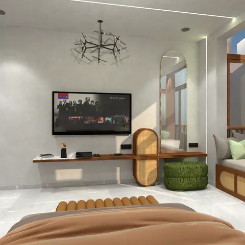 Bedroom with a textured plaster TV wall, an arched cane-framed mirror, and a cane-panelled window seat bench beneath a sculptural pendant chandelier.
