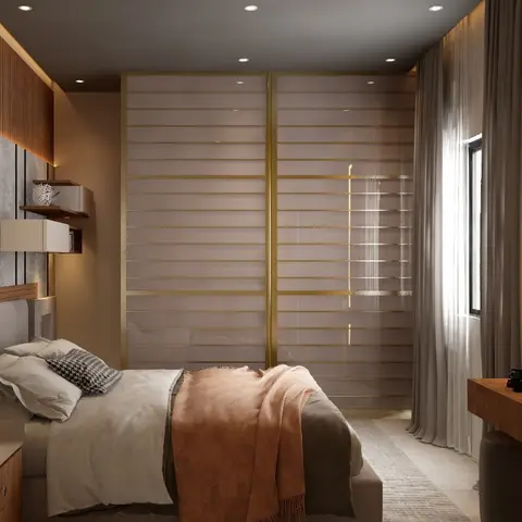 Bedroom with a textured stone-and-wood-slat headboard wall, a gold-striped glass sliding wardrobe, and a wood dressing table with an LED mirror.