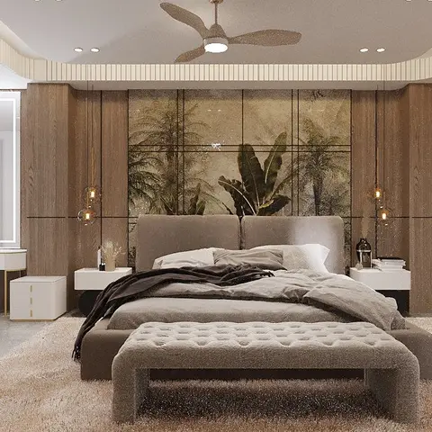 Bedroom with a tufted bench at the foot of the bed, a backlit LED vanity mirror and dressing table