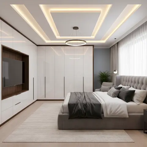 Bedroom with a tufted grey upholstered bed facing a walnut-inset TV niche in a floor-to-ceiling white wardrobe wall