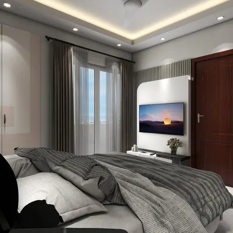 Bedroom with a wall-mounted TV set into a fluted-panel accent wall beside a dark wood door, grey striped bedding