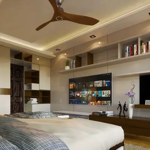 Bedroom with a wardrobe wall, a floating open bookshelf, and a wall-mounted TV console below a cove-lit false ceiling, styled with small figurine decor.