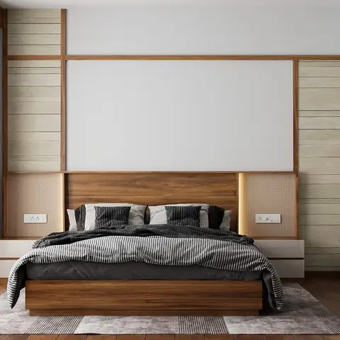 Bedroom with a wide teak headboard panel flanked by backlit perforated reveals and stacked-stone bands