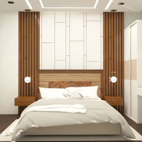 Bedroom with a wood-fluted accent wall flanking a geometric gold-lined panel behind the headboard, floating wood bedside tables