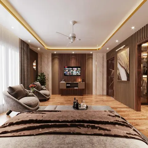 Bedroom with a wood-panelled TV wall, gold-edged cove ceiling and an open walk-in wardrobe with hanging clothes visible through a side doorway