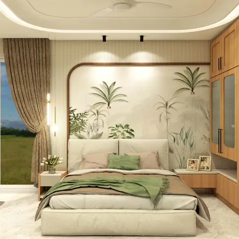 Bedroom with an arched botanical mural headboard wall, wood-and-jaali wardrobe, and family photo frames on the nightstand beside a garden view.