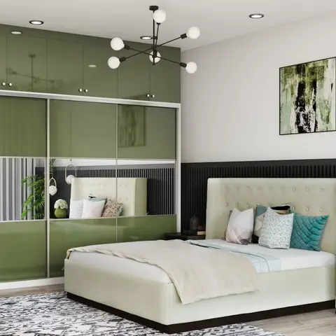 Bedroom with an olive-green glossy sliding-door wardrobe and a black fluted-panelled headboard wall under a sputnik chandelier