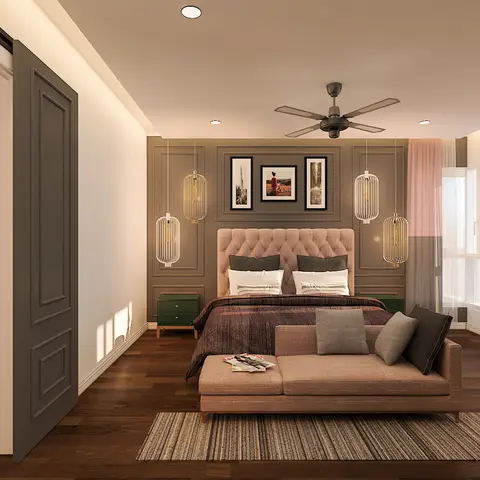 Bedroom with an olive panel-moulded headboard wall, cage pendant sconces, and a chaise-end bench opening into an ensuite walk-in wardrobe.