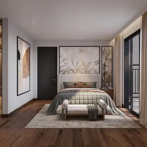 Bedroom with an open glass-front walk-in wardrobe beside a bouclé bed set against a botanical palm-print wall panel.