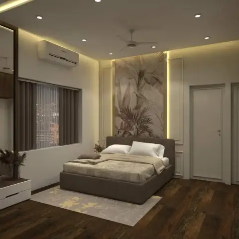 Bedroom with an upholstered grey bed against a backlit tropical-leaf mural wall panel, dark wood flooring and a full-length mirror beside a white dresser