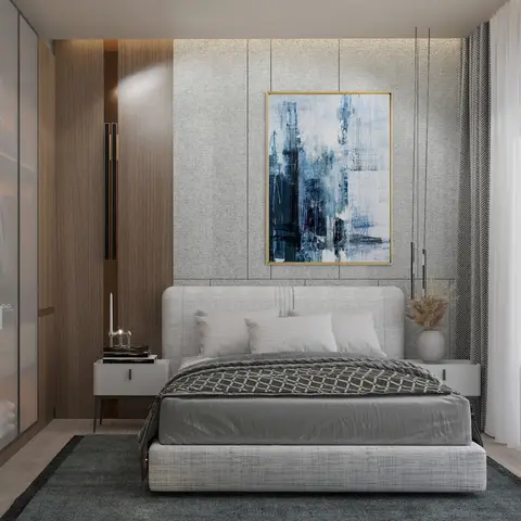 Bedroom with an upholstered grey bed under a large blue-toned abstract artwork on a fabric-panelled wall, flanked by floating nightstands and pendant lights
