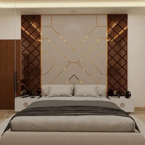Bedroom with an X-patterned brass-inlay fabric panel behind the bed, flanked by tall bronze-mirror diamond lattice strips
