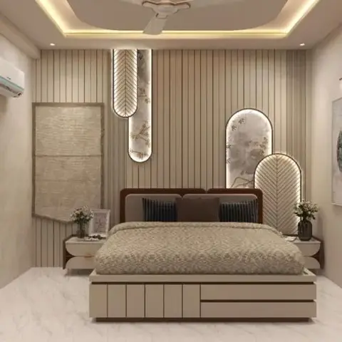 Bedroom with fluted wood-panelled headboard wall featuring backlit arched leaf-motif mirror inserts and a stepped cove-lit ceiling above a low storage bed.