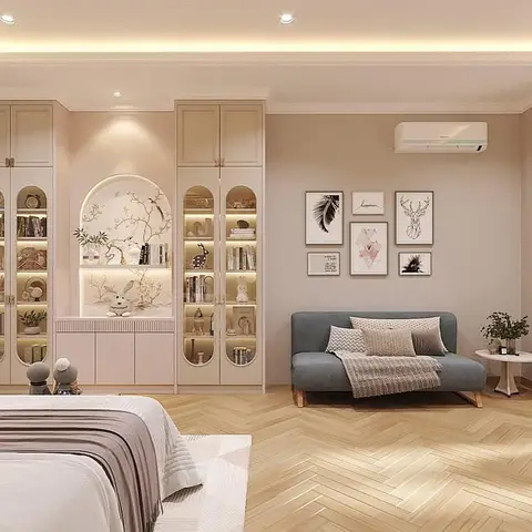 Bedroom with glass-front display cabinets flanking a backlit arched niche painted with a bird-and-blossom motif