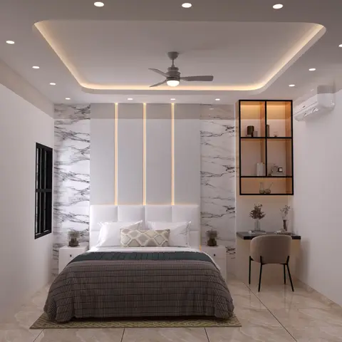 Bedroom with marble-clad headboard wall lit by vertical LED strips and a built-in study nook with open shelving