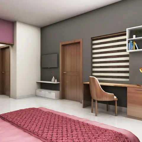 Bedroom with plum and charcoal colour-blocked walls, a teak study desk under white open box shelves of books, a wall-hung TV over a slim white console
