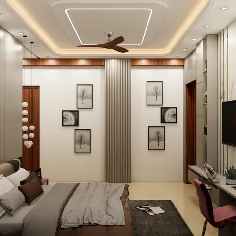Bedroom with two matching triples of black-framed winter-tree prints either side of a grey fluted pilaster
