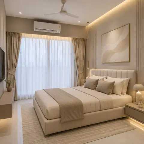 Beige bedroom lit almost entirely by a sheer-curtained window wall, with a channel-tufted headboard under a large abstract line-art canvas and LED strips
