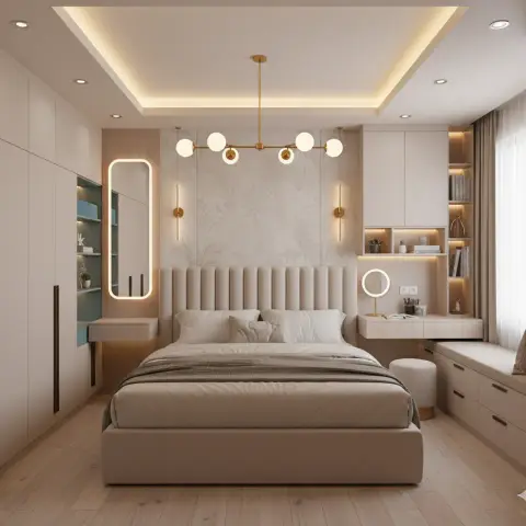 Beige bedroom render with a fluted upholstered headboard against a faint botanical panel, a brass sputnik chandelier overhead