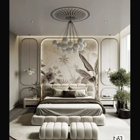 Beige bedroom render with a full-height palm-and-banana-leaf mural behind an oversized channel-tufted headboard