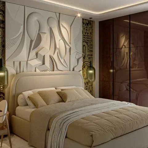 Beige bedroom render with a sculpted white bas-relief panel wall behind a curved boucle headboard