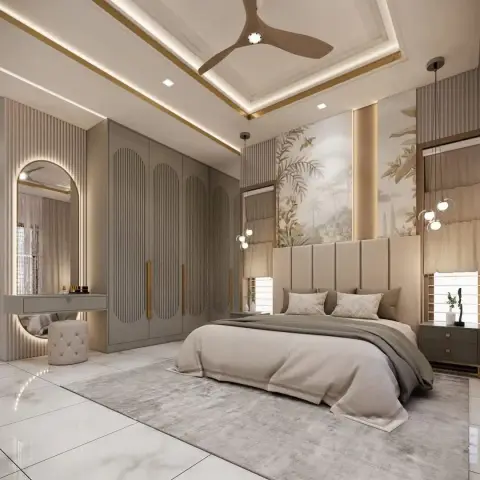 Beige bedroom render with an arched fluted wardrobe run carrying long brass handles, a backlit arch mirror over the dressing ledge