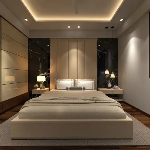 Beige bedroom with a tall fluted upholstered headboard panel flanked by black-and-gold marble slabs