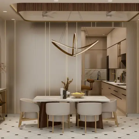 Beige fluted wall panelling threaded with vertical brass lines behind a marble-top dining table and four cream barrel chairs