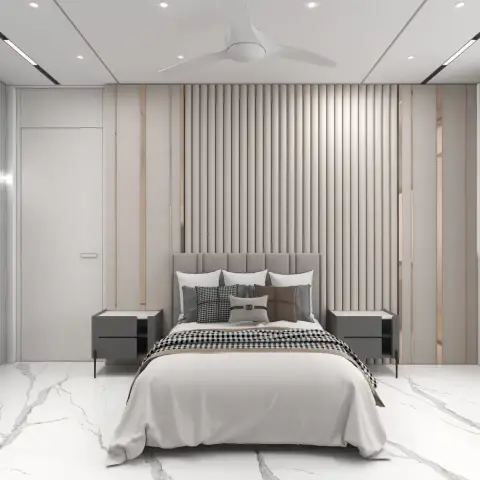 Beige half-round fluting carried wall to wall with slim rose-gold inlays, a channel-tufted headboard centred against it and dark grey nightstands standing on