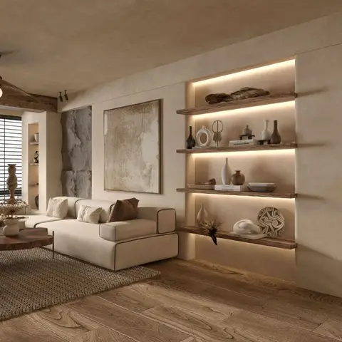 Beige limewash living room with four live-edge timber shelves lit by concealed strips, a low cream modular sofa on a jute rug
