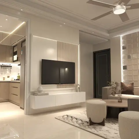 Beige living-room render where a backlit fluted panel frames the wall TV above a floating white drawer console, a white grid jaali screens the tall window