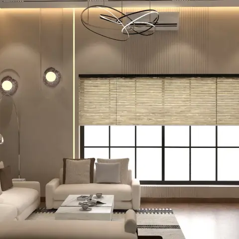 Beige living room render with a sculptural wire pendant light over a marble-top coffee table, cream sofas facing a wood-blind window.