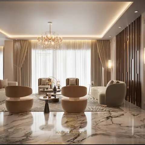 Beige living room render with two camel curved tub chairs on a marbled-pattern rug, wall-to-wall sheers behind pinch-pleat drapes
