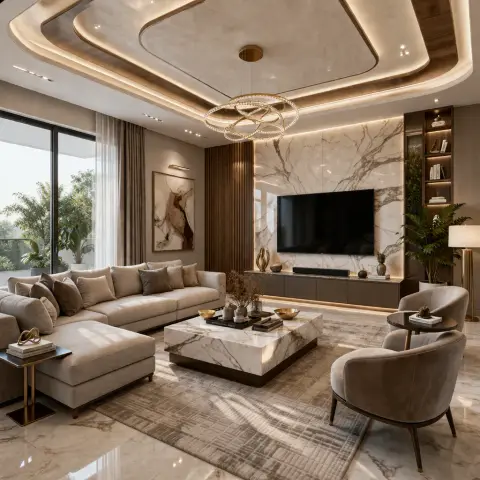 Beige living room with a book-matched marble slab TV wall, a twin-ring crystal chandelier under a curved wood-trimmed false ceiling