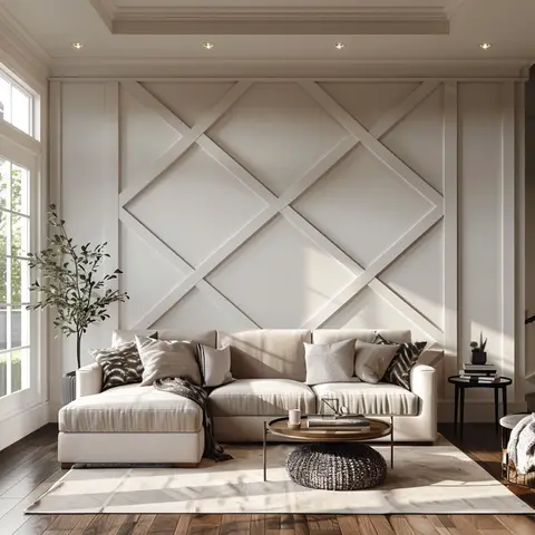Beige living room with a diamond-pattern wall moulding feature behind an upholstered sectional sofa on a herringbone wood floor.