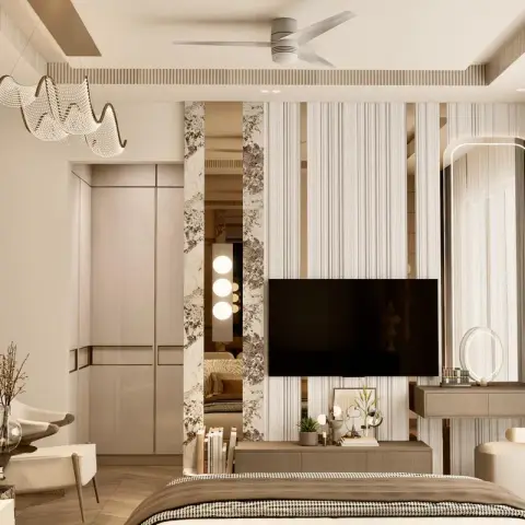 Beige-on-beige bedroom where a fluted ivory TV panel is framed by grey-veined marble strips, with a ribbon-form pendant over two curved armchairs